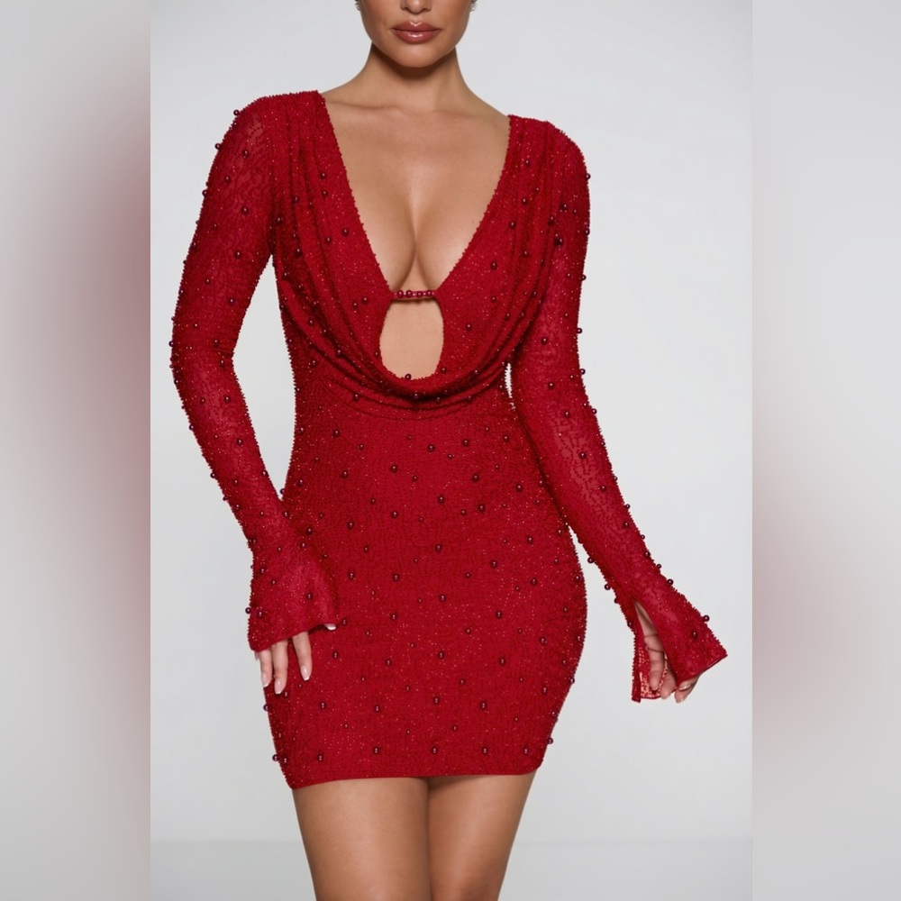 Oh Polly Red Beaded Plunge Mini Dress